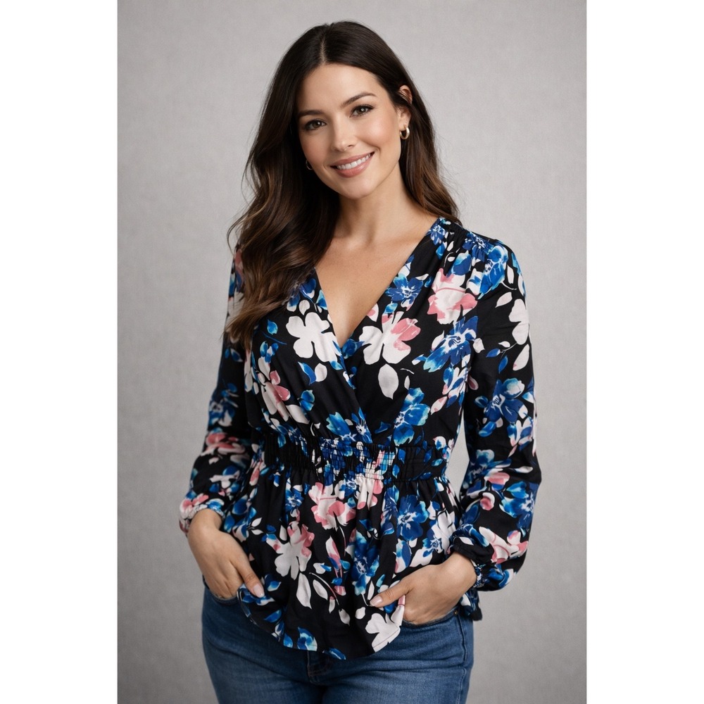 Halogen‎ Women Floral Surplice V-Neck Smocked Waist Blouse Black Blue Pink S